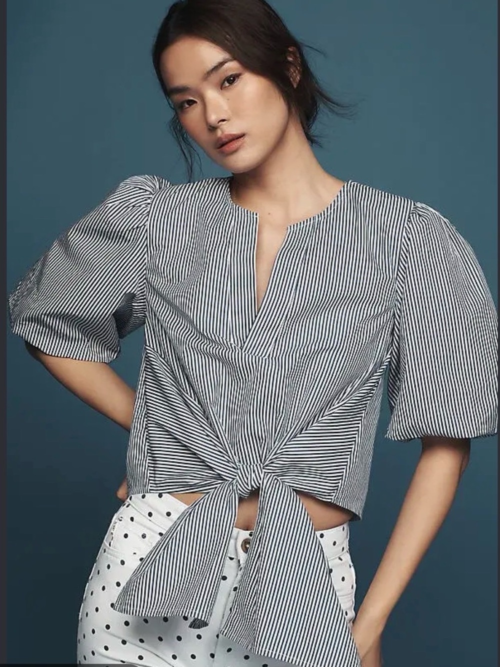 Maeve, Anthropologie Women’s 100% Cotton, Puff Sleeve Top, Blue/White Stripe. S